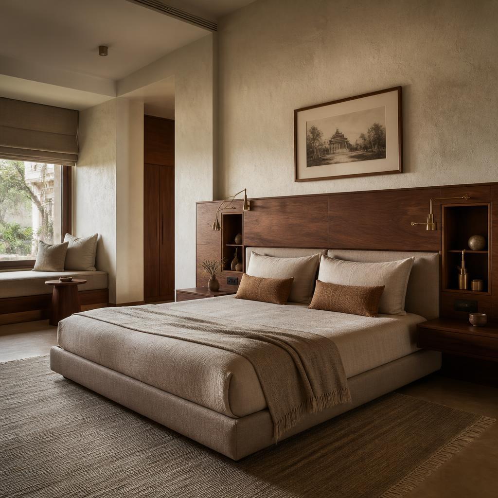 Bedroom design concept in oat linen and warm walnut