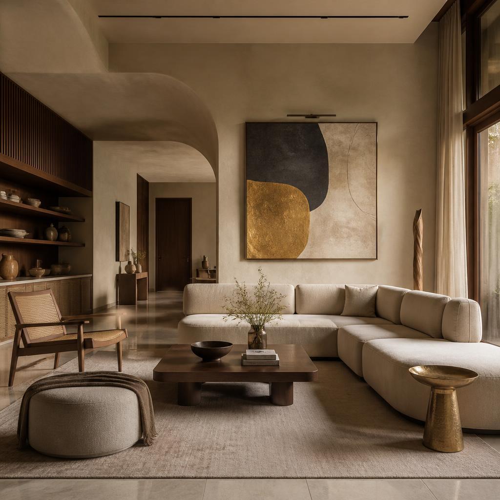 Concept image of an ivory and walnut living room in warm afternoon light